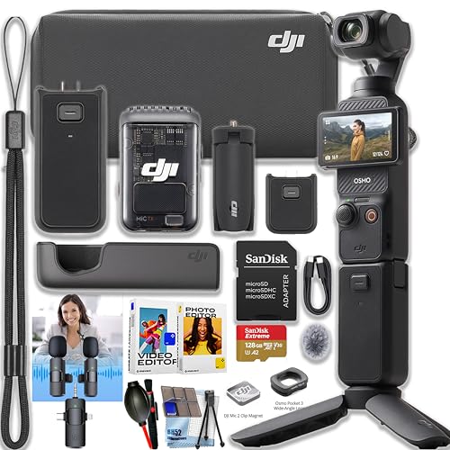DJI Osmo Pocket 3 Creator Combo Bundle with Clip-On Transmitter/Recorder, Wide Angle Lens, Battery Handle, Mini Tripod, Carrying Bag + 3 in 1 Mic, 128GB Extreme Micro SD Card, Cleaning Kit