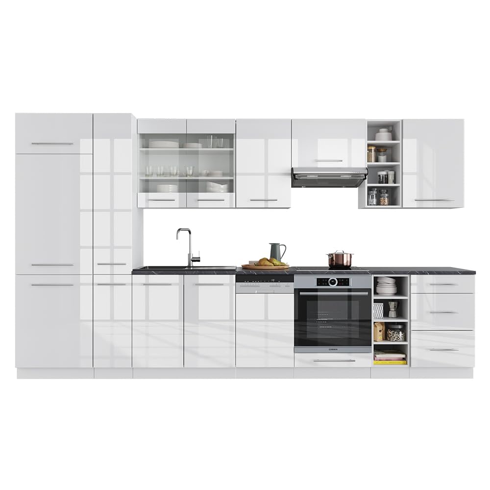 Vicco Cucina componibile Fame-Line, Bianco lucido/bianco, 355 cm senza piano di lavoro, adatto per l'espansione personalizzata con moduli aggiuntivi