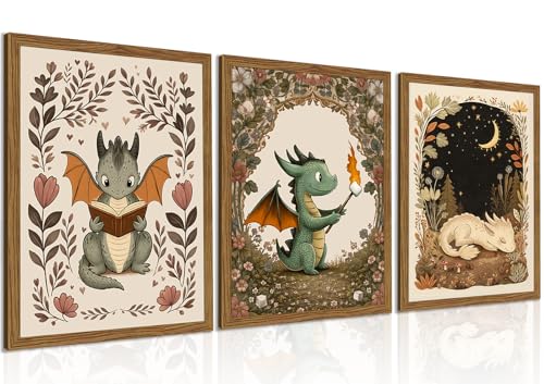 Vintage Dragon Nursery Wall Art Set of 3 Framed 8x10 Inch Canvas Prints Whimsical Baby Dragon Fantasy Woodland Decor for Boys Girls Bedroom Kids Room Storybook Fairytale Wall Decor