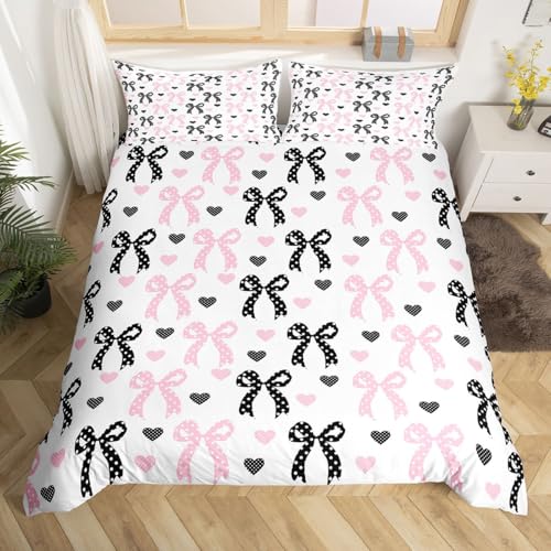 Homemissing Polka Dots Bow Parure de Lit Rose Noir Bowknot Housse de Couette 140x200cm Respirable Doux Mignon Heart Pattern Ensemble de Literie 2pièces...