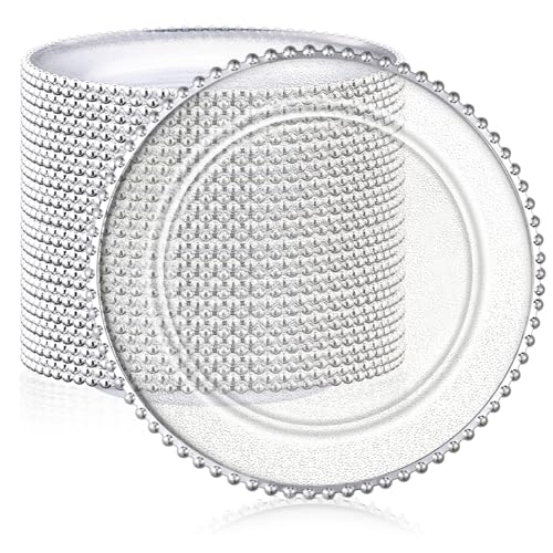Hoolerry 50 Pack Clear Charger Plates Bulk 13 Inch Plastic Round Beaded Dinner Chargers Acrylic Frosted Grain Decorative Service Plates for Wedding Party Event, Home and Kitchen Tabletop (Silver)
