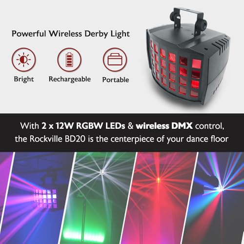 Image of Rockville BD20 Rechargeable Derby Light, Wireless DMX, 8Hr Battery, RGBW LEDs, Auto /Sound Modes, Remote, Perfect for DJ, Dance Floor, House Party, Bar | Wireless DMX, 7-8 Hour Rechargeable, 2x12W RGBW LEDs, Sound Activated, IR Remote, Master /Slave, Truss Mountable