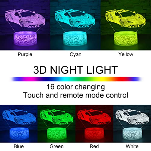 Image of i-CHONY Sport Car Night Light, 3D Optical Illusion Lamp,16 Colors Dimmable Touch Table Lamp, Bedside Lamp, Race Car Gifts, Holiday, Nursery, Home Decor, Xmas