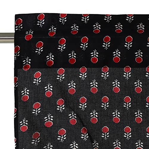 Image of Ravaiyaa - Attitude is everything Hand Printed Half Window Kitchen Curtain 100% Cotton Short Drapery Valance Curtain 40 inch X 18 inch Inch (Black Red Floral)