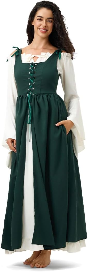 Women's Peasant Overdress with Adjustable Laces & Pockets, Renaissance Corset Dress for Halloween, Medieval Festival - Image 2