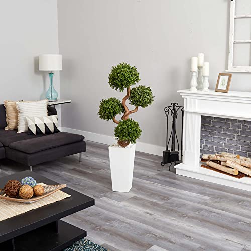 Nearly Natural 55” Four Ball Boxwood Artificial Topiary Tall White Planter Silk Trees, Green #TOP3