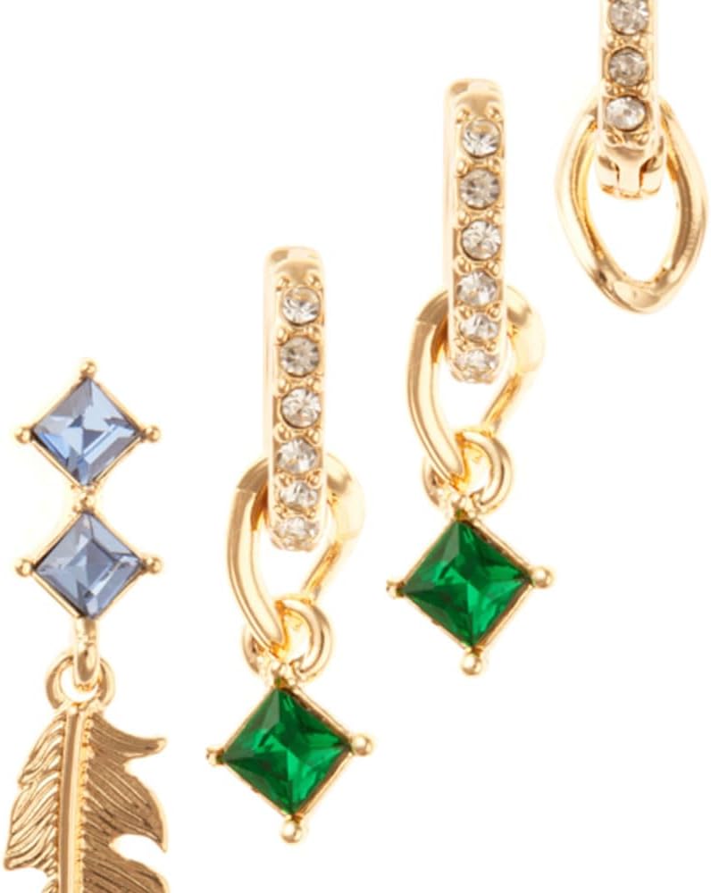 8 Other Reasons Wicked Destined to Fly 5-Piece Earring Set | Feather Charm Drop Earrings with Emerald Green Crystal Accents | 18K Gold Plated Brass Hoop, Stud & Charm Statement Jewelry Set for Women