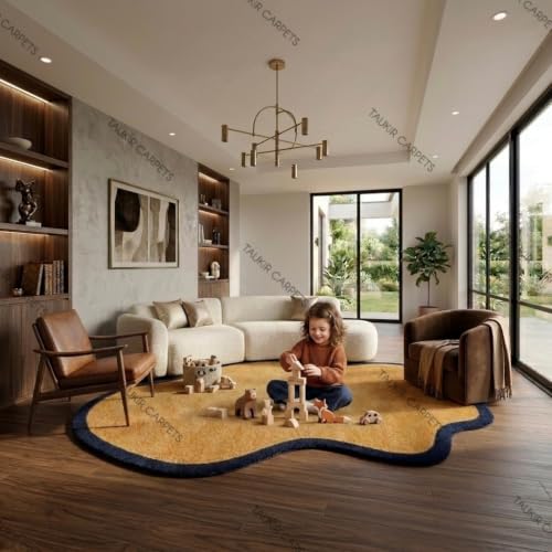 Image of Irregular Shag Area Rug, Super Soft Fluffy Plush Carpet, Modern Organic Shape Floor Rug for Living Room, 6 x 8 Feet (182.88 x 243.84 cm) Yellow /Blue