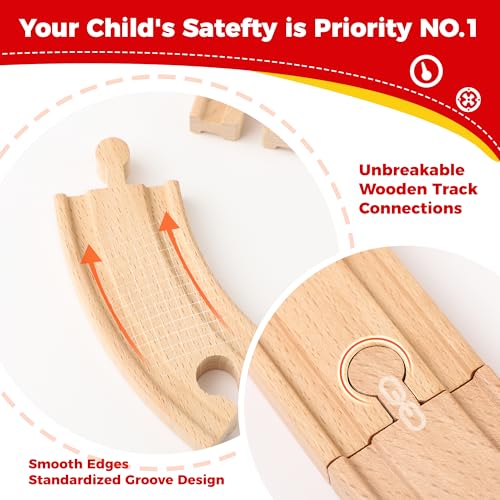 Image of Wooden Train Tracks 24 Pieces Set, Track Expansion Pack with Storage Bag - Includes Male /Female Adapters - 100% Compatible with All Major Brands Including Thomas, Brio, Melissa & Doug
