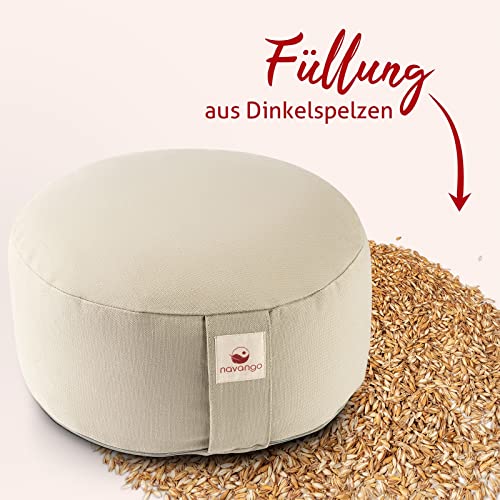 Foto von navango® Meditationskissen - Natur I Rundes Yogakissen handgefertigt in Deutschland I Sitzhöhe 15cm I Verdeckter Reißverschluss I 100% Dinkelspelz Füllung I Waschbarer Bezug 100% Baumwolle