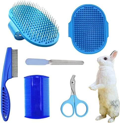 6Pcs Rabbit Grooming Kit Included Rabbit Grooming Brush, Pet Hair Remover, Pet Shampoo Bath Brush, Double-Sided Pet Comb，Pet Nail Clipper and Trimmer for Rabbit Hamster Bunny and Guinea Pig, Blue