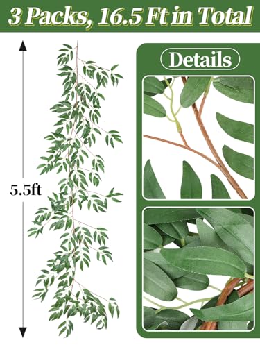 Image of ANPHSIN Fake Vines Greenery Garland, 3 Packs, Total 16.5ft