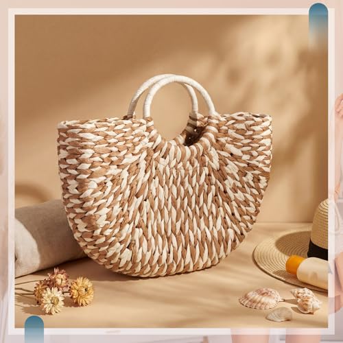 Image of Frienda Straw Tote Bag Summer Beach Bag Handmade Straw Rattan Woven Handbag for Women Travel