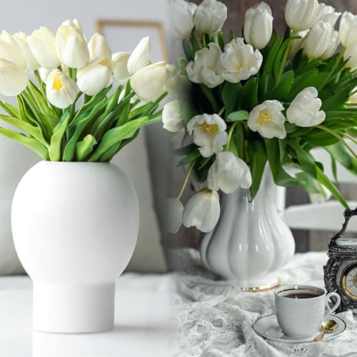 Image of Sggvecsy 30 Pcs Fake Tulips Artificial Flowers Real Touch PU Faux Flowers Tulip Stems for Wedding Spring Bouquet Floral Arrangement Home Party Office Decorations for Mother's Day (Green White)