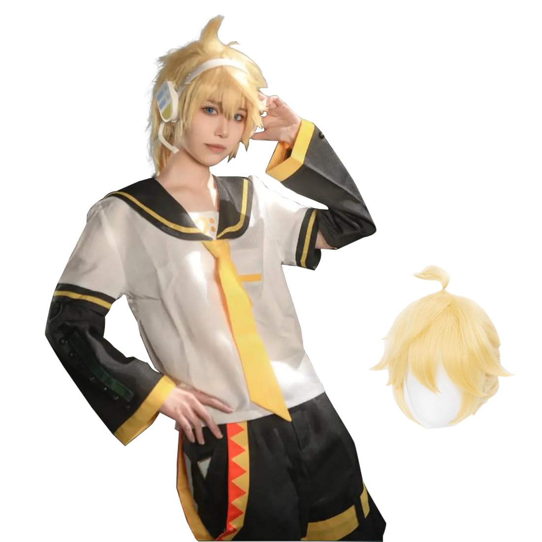 AKTOTO Kagamine Rin Cosplay Kagamine Len Cosplay Halloween Full Set Of Uniforms with Wigs For Men and Women