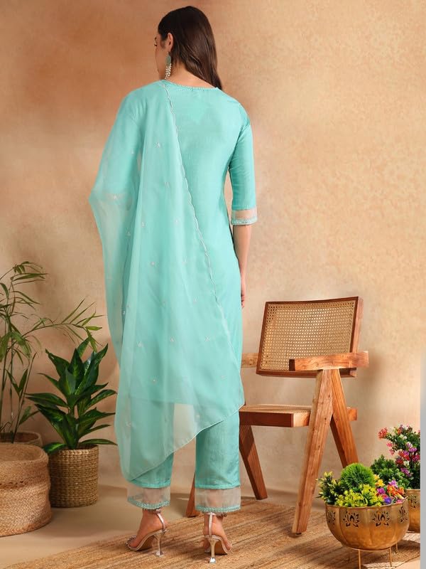 Image of Vaamsi Women's Silk Blend Sequins Yoke Design Straight Kurta Pant With Dupatta