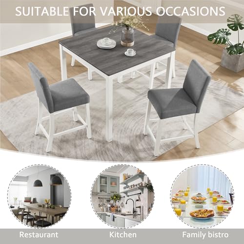Image of KEIKI 5-Piece Counter Height Dining Table Set with Square Table and 4 Upholstered Curved Backrset Chair, for 4 Person, Modern Wooden Table Set, Easy Assembly, for Kitchen, Dining Room, White+Gray
