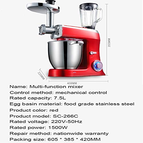 Küchenmaschine Mixer Machine, 7,5 Liter-Edelstahl-Fleischwolf, 6-Gang-Planeten Rührsystem, 1500W Elektromotor Knethaken… – Bild 4