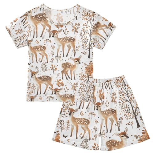 ALAZA Fall Tree Leaf Deer Pajamas Set Short Sleeve Cotton Sleepwear Summer Pjs 2 Piece 5-14Y
