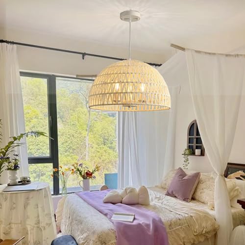 Rattan Farmhouse Chandelier Light Fixtures, 3-Lights Boho Large Rattan Pendant Light,Hand Woven Chandeliers for Dining Room,Rustic Chandeliers Hanging Light Fixtures for Kitchen Island Bedroom - Image 4