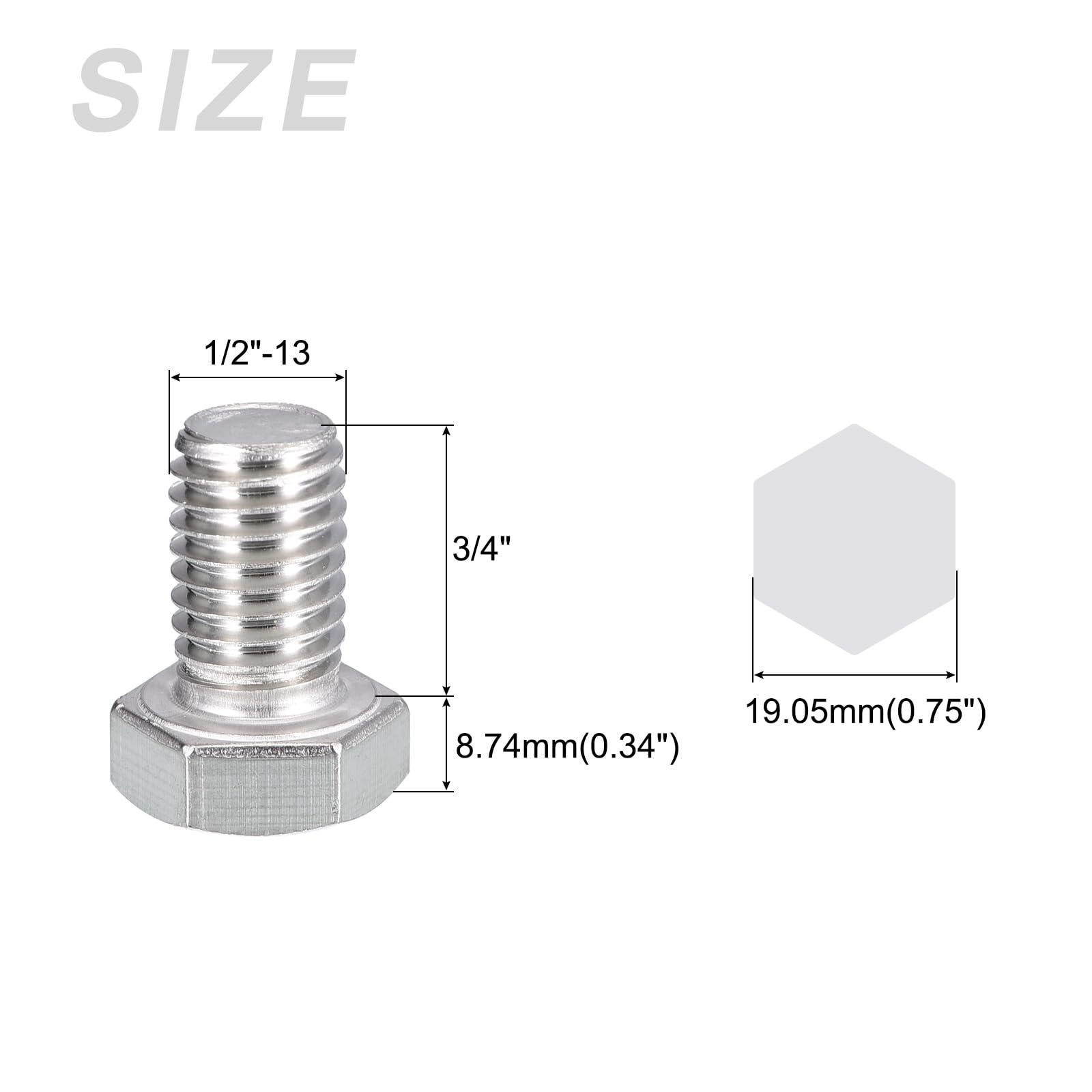 METALLIXITY Hex Head Bolts (1/2-13 x 3/4") 20Pcs, 304 Stainless Steel 18-8, Fully Threaded, External Hex Drive, Plain Finish - Image 2