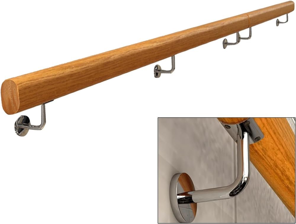FKXSXAZ Handrail for Stairs Wooden Staircase Banister Rail Kit with Stainless Steel Brackets, Corridor Hand Railing Wall Mounted Balustrade Foot Support Grab Bar(Size:4.6FT)