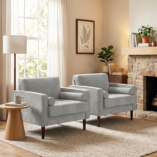 Image of Accent Chairs Stet of 2, Chenille Upholstered Armchairs for Living Room, Comfy Single Sofa Bedroom Reading Seat with 2 Bolster Pillows, Light Gray