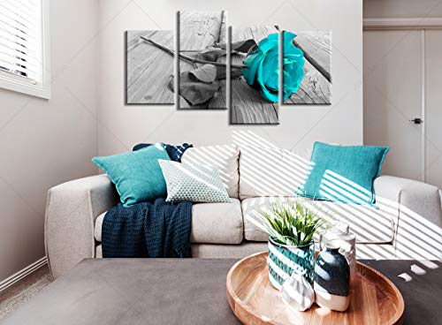 Teal Bathroom Decor - Teal Rose Floral Canvas Wall Art Large Black And White Modern Flower Painting - Teal Kitchen Accessories And Decor - Turquoise Decor For Living Room Valentine's Day Artwork #TOP3