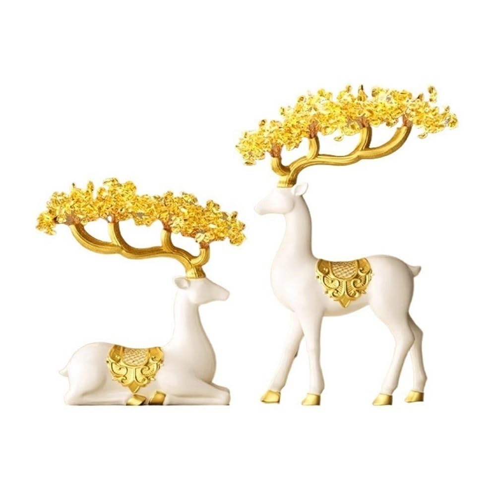 HCZKIUJY Luck and Wealth Crystal Tree Twin Deer Money Crystal Tree Decoration, Home Feng Shui Desktop Ornament Chakra Money Tree (White)