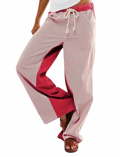 Faleave Women's Striped Pull-On Pants Elastic Waist Casual Wide Leg Low Rise Boho Trousers