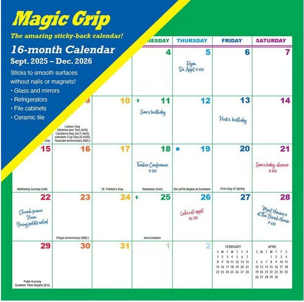 Magic Grip Calendar Magic Grip Rainbow Monthly 16 Month Wall Calendar, 2026 WALL Calendar RAINBOW, 10.1 inches X 10 inches
