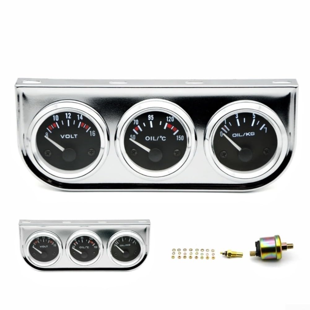 Triple jauge 12 V 52 mm pour tableau de bord de voiture, contrôle de la température d'huile, pression et tension de panneau automobile avec cadre chromé ou noir, installation facile (noir)