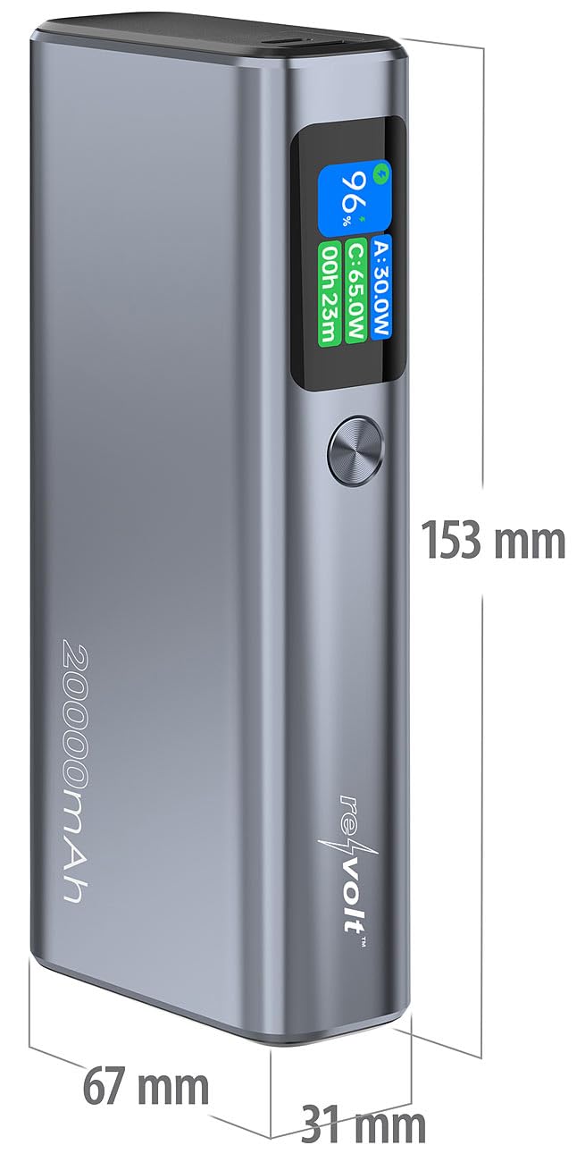 revolt Power Bank USB-C 20000 mAh 130 W con display OLED a colori, PD 100 W, grigio scuro