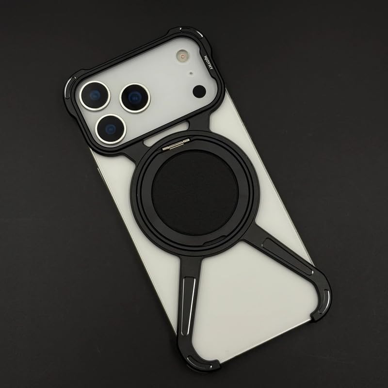 Image of X Shaped Frameless Metal Bumper Compatible with iPhone 17 Pro with 360 Rotate Ring Kickstand | Luxury Aluminum Armor Case | Super Slim Metal - Black