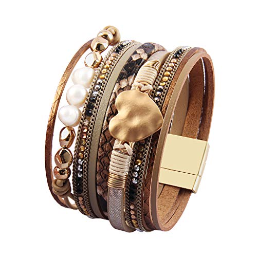 GelConnie Leather Cuff Bracelet Rope Multi Strands Leather Wrap Bracelet Charm Heart Leather Bracelet Wedding Bohemian Bracelet for Women Mother, Wife, Ladies, Lover Gift - Image 6