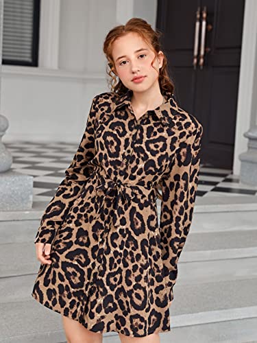 WDIRARA Girl's Leopard Print Tie Front Collared Long Sleeve Belted Button Up Shirt Dress3