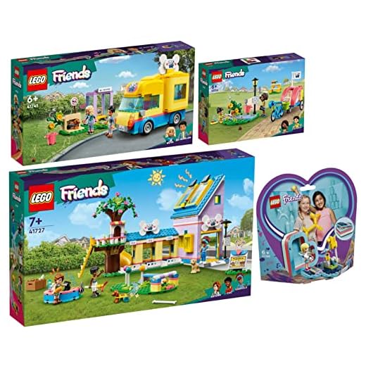 Lego Friends 41727 - Centro de rescate de perros, 41738 bicicleta de rescate de perros, 41741 carro de rescate de perros y 41386 Stephanies caja de verano con forma de corazón