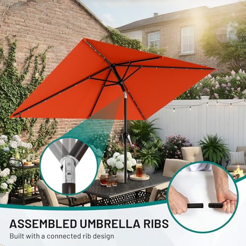 Image of AreShark 6.5' x 10' Rectangular Patio Umbrella with Solar Lights, Solar Powered Lighted Market Umbrella w /Tilt and Crank, Outdoor Table Umbrella for Garden, Deck, Backyard, Pool and Beach, Orange