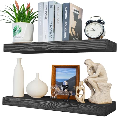 XWNE Rustikale schwebende Regale, 61 cm lang, 20,3 cm tief, 2 Stück, Massivholz-Wandregale für Schlafzimmer, Wohnzimmer, Küche, Wandregal mit versteckter Halterung, Schwarz