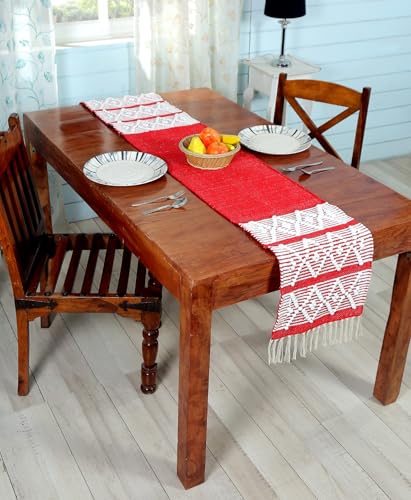 Image of Handwoven Designer Organic Cotton Table Runner for 6 Seater Dining Table |Center Table | Patio Table |Coffee Table (14*72 INCHES)|RED D| TRBL 019