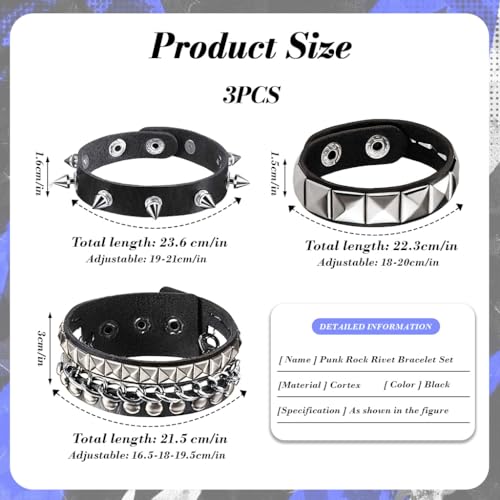 Image of GUSTAVE Bracelet for Man Punk Rock Studded Bracelets Black Leather Cuff Bracelet for Men Women Adjustable Goth Bracelets 80s Retro Style Wristband Halloween Party Accessories