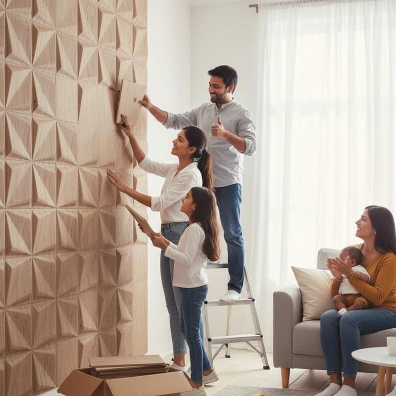 Image of Kayra Decor Wall Panels for Bedroom PVC Bloom Design, Beech Wood Color 19.7 inch x 19.7 inch (Pack of 18) - Covers 48.51 Sq. Ft.