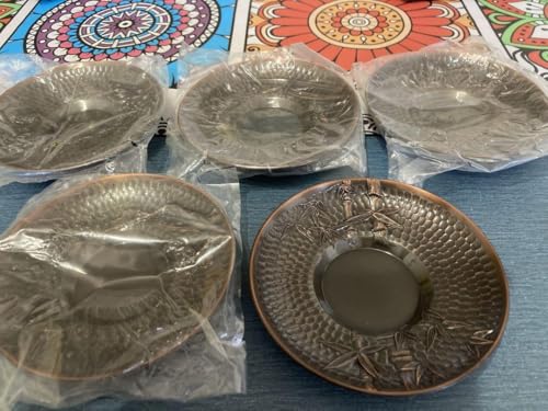 鋳銅茶托　松食鹤文　在銘　共箱　五枚入れ　送料込み 錫 茶托 丸形 5枚セット 黒漆加工 [No.35]｜薩摩錫器工芸館