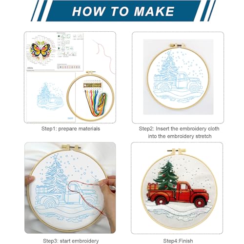 Image of Zhenqing Christmas Red Truck Embroidery Kit for Beginners, Tree and Gifts Needlework Kit with Pre-Printed Fabric, Hoop, Threads & Tools (C0029)