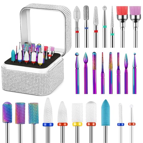 25Pcs Nail Drill Bits Set with Rhinestone Box, 3/32 Inch Nail Drill Bits for Acrylic Nails, Ceramic Diamond Carbide Cuticle Efile Remover Bits for Home Salon Acrylic Gel Nail