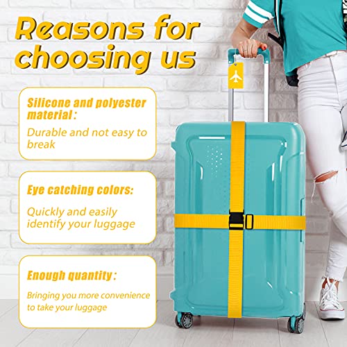 Image of Weewooday 8 Pcs Luggage Straps Suitcase Tags Set for TSA Approved, 4 Travel Adjustable Suitcase Belt, 4 Silicone Luggage Tags with Name ID Card Travel Accessories(Yellow,Airplane)