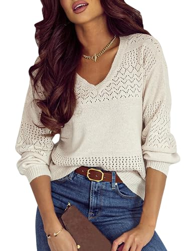 SHEWIN Womens Fall Fashion Crochet Sweaters Casual Lightweight Long Sleeve Hollow Out Sweater Tops V Neck Cable Knit Pullover Jumper Fall Outfits for Women 2025, M, White