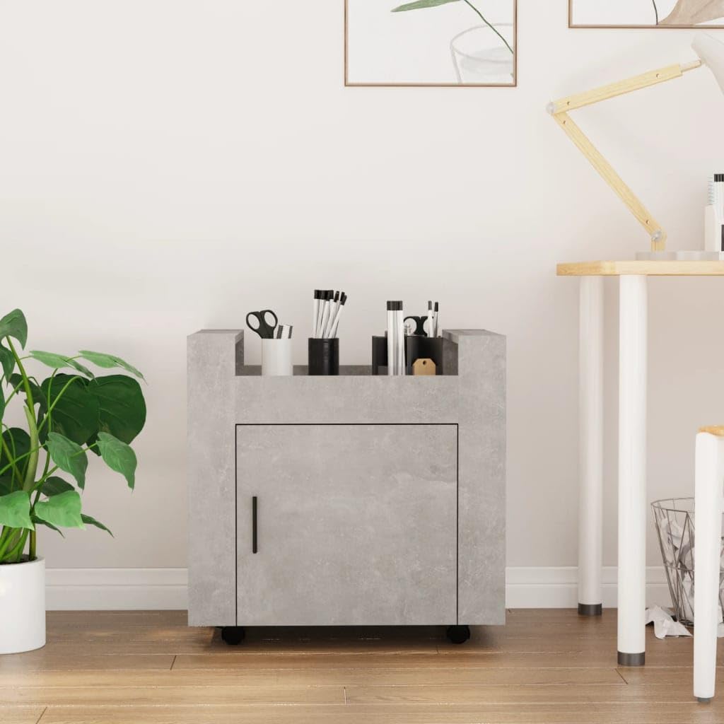 Bürowagen Betongrau 60x45x60 cm Holzwerkstoff mit 4 Rollen und Stabiler Oberplatte für Büroorganisation und Aufbewahrung