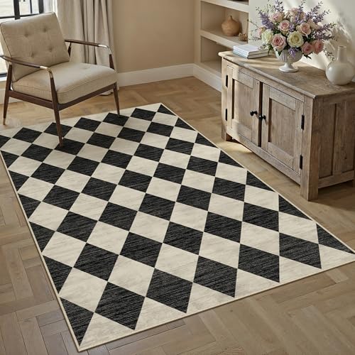 Teppich Wohnzimmer 120x170cm Schwarz Schlafzimmer Moderne Kariert Weich Carpet Waschbarer rutschfest Teppiche Esszimmer BüRo Kurzflor Groß Rug Rautenmuster Geometrisches Schwarz 120 x 170 cm
