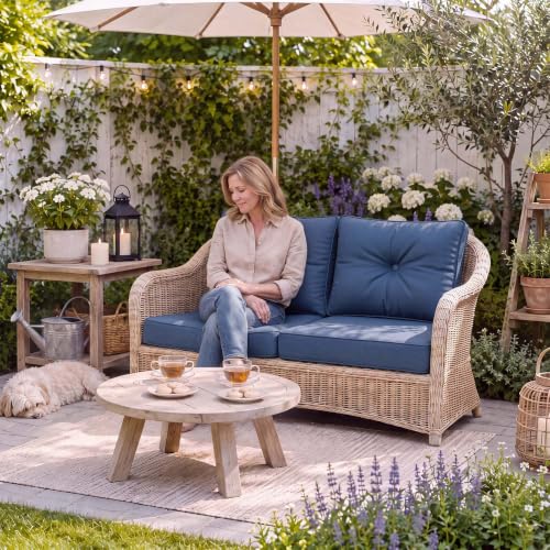 Image of DoCred Set of 4 Outdoor Chair Cushion, 6 inch Thick Patio Seat Cushion, Blue | 28D High Density Sponge Cushions & 7 inch Back Pillows with Fade and Water Resistant Cover for Patio Furniture Sofa Bench Swing